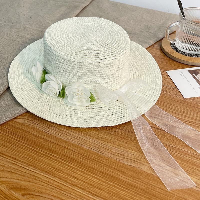 Camellia Lace Streamer Straw Hat Summer Idyllic Versatile Sun Hat Outdoor Travel Wide-brimmed Sunscreen Basin Hat