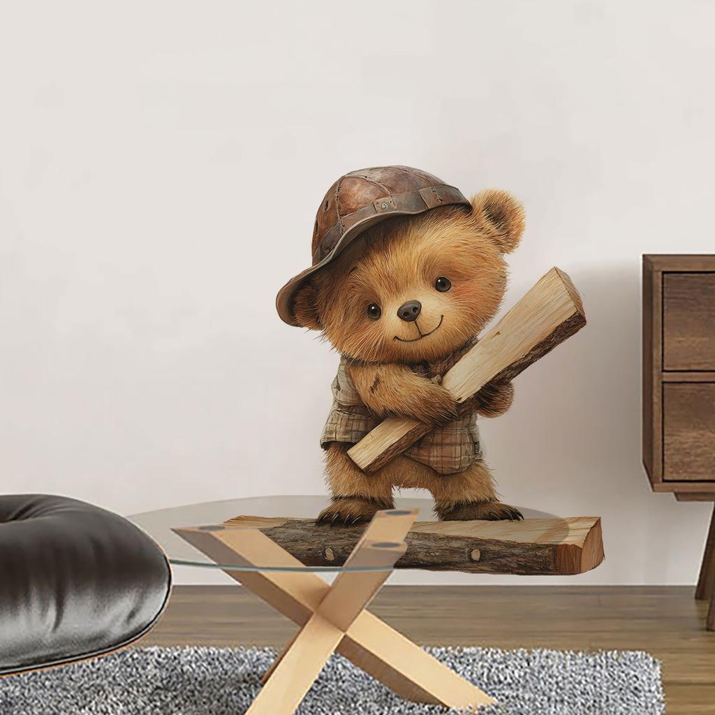 Cartoon Bear on Wood Log Wall Stickers, Cute Removable Self-Adhesive for Kids Room Nursery Home Decor