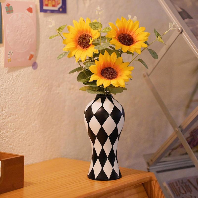 Black And White Vase Aesthetic Vase Checkered Resin Craft Flower Container Waterproof Decorative For Room Table Centerpieces