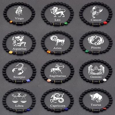 12 Zodiac Signs Natural Stone Bracelets Leo Capricorn Taurus Cancer Bracelets Women Men Couple Friendship Jewelry Gift Bracelets Black Color