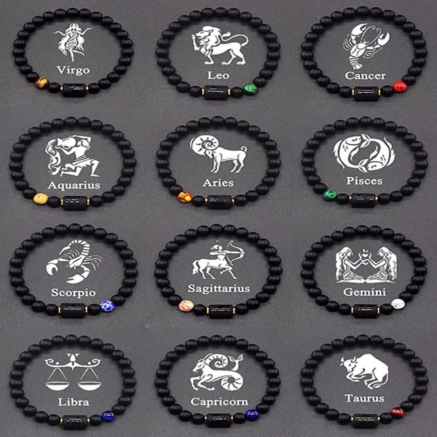 12 Zodiac Signs Natural Stone Bracelets Leo Capricorn Taurus Cancer Bracelets Women Men Couple Friendship Jewelry Gift Bracelets Black Color