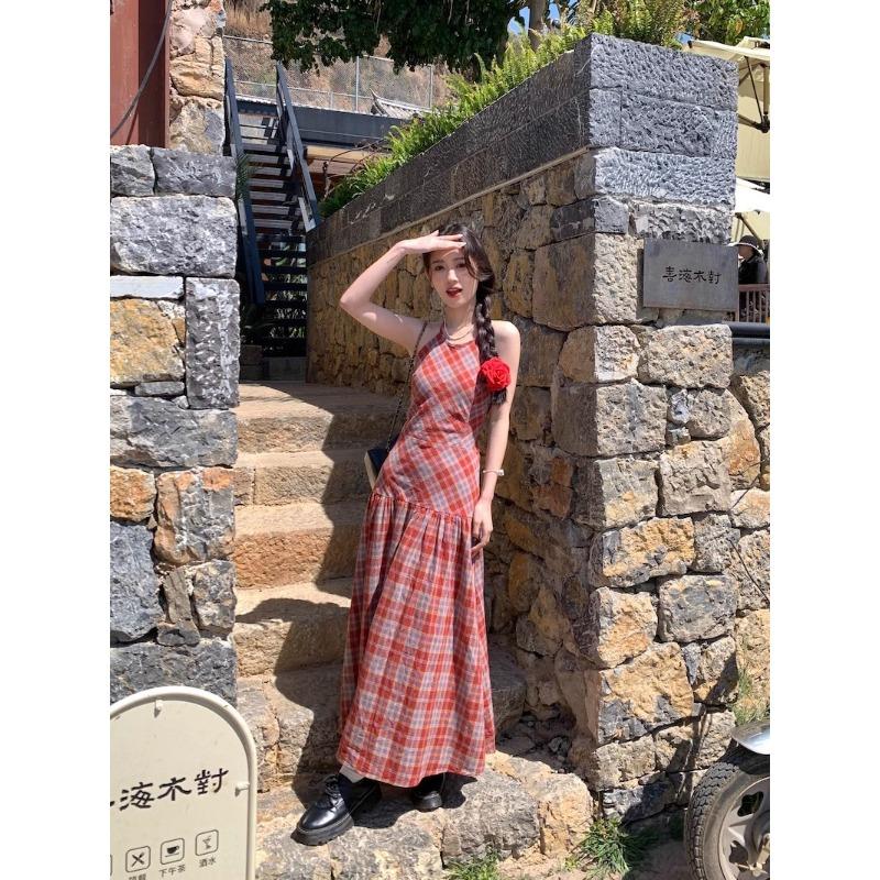 Red Plaid Neck Suspender Dress Women's Summer Temperament Backless Strap Waist Thin Seaside Vacation Dress