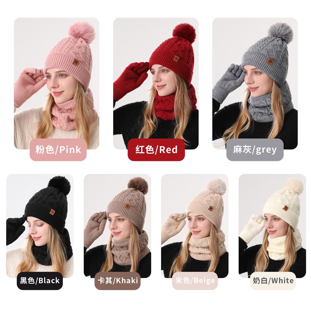 Hat, scarf and gloves three-piece set, winter outdoor riding scarf double-layer fleece and thicker, knitted hat