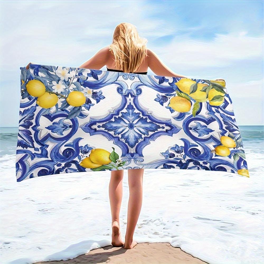 Blue White Patterned Lemon Beach Towel, Quick Drying Soft for Immersive Beach Experience