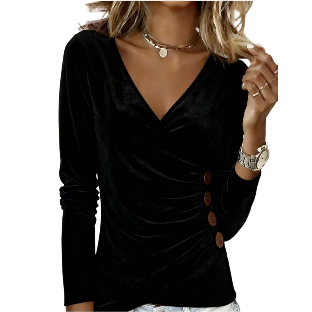 Women's Fashionable Color V,neck Long Sleeved Temperament Slim Fit And Slimming Gold Velvet Top