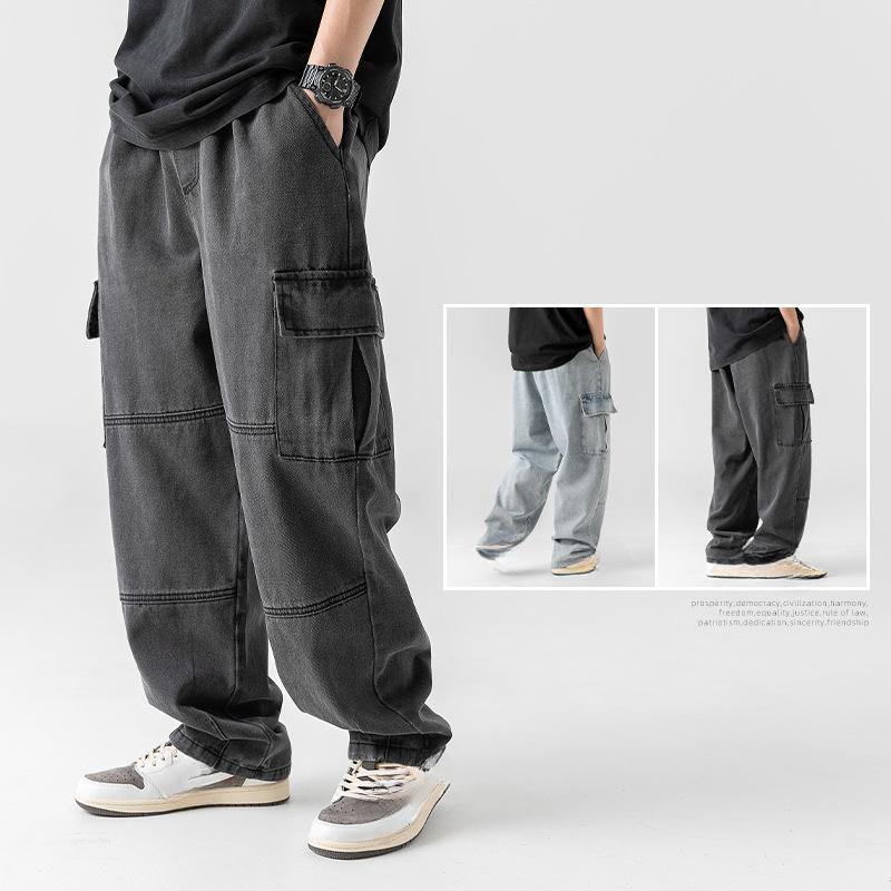 Men's Double Three-dimensional Pocket Jeans Spring Retro Distressed Washed Tooling Trousers Men