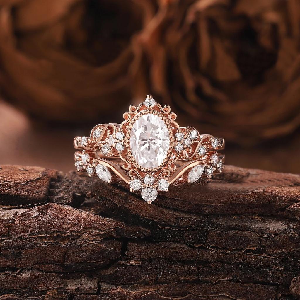 Retro Oval Moissanite Stackable Ring Set | Floral Vine Engagement Bride Ring Set In Rose Gold Color