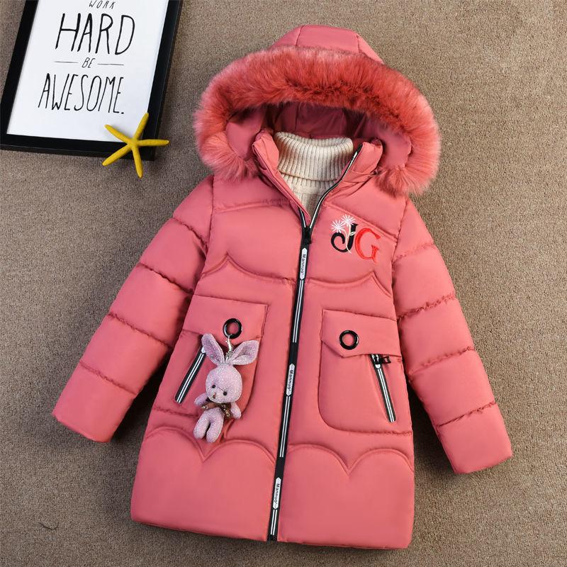 Girls' Winter Clothes Cotton Jacket with Thick Collar Down Cotton Jacket Long Length