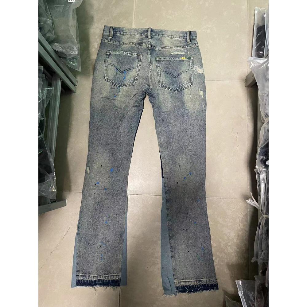 Blue Washed Destroyed Flared Jean Pants Hip Hop Graffiti Ripped Denim Jeans Men Streetwear Vintage Wide Leg Jeans