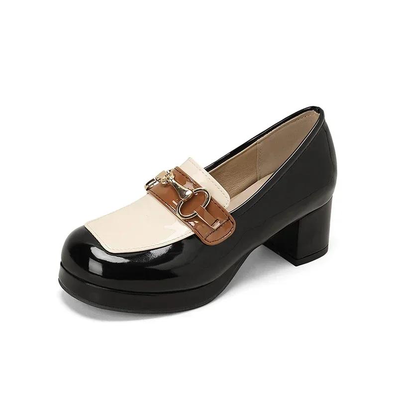 Fashion Luxury Designer Leather Women Pumps Chunky Platform Mules Shoes for Women Cute Lolita Style Tide Golden Buckle Mary Jane Shoes