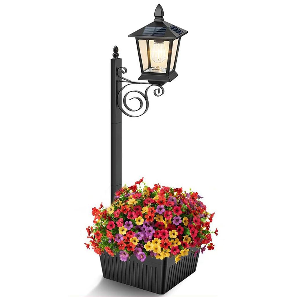 2 In 1 Outdoor Flower Pots Light with Planter Solar Lamp Post Light Decorative Solar Lamp for Outside/Front Door/Yard/Lawn