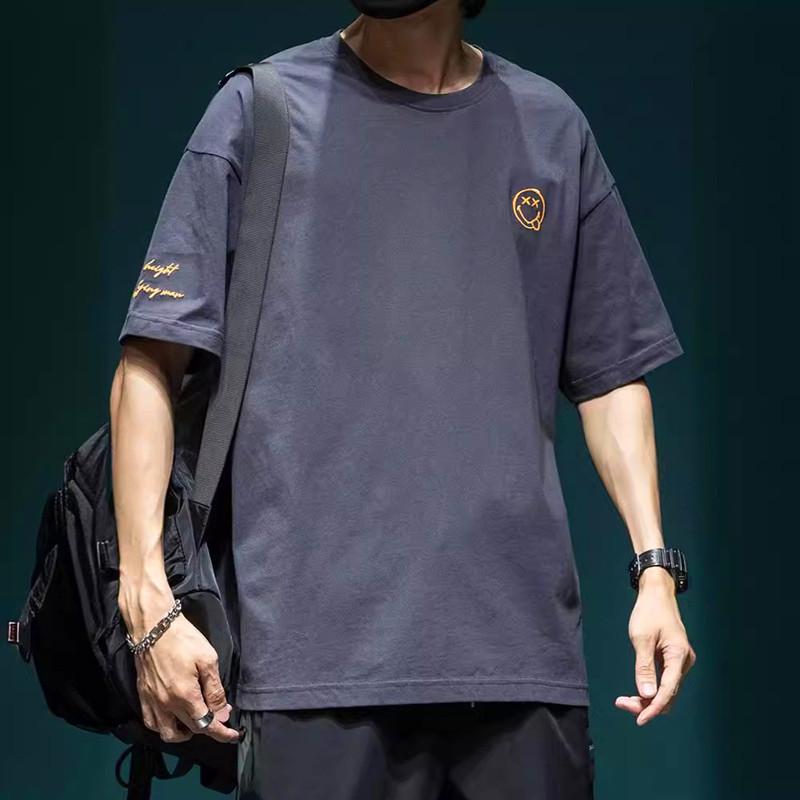 Men's 2024 Summer Plus Size Smiley Face Embroidery Short Sleeve Casual Cotton T-Shirt