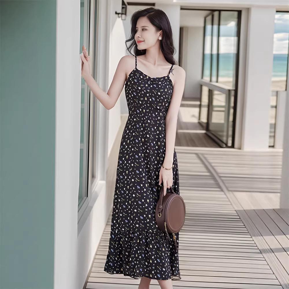 2026 Summer Floral Print Black Midi Camisole Dress - Women's Beach Vacation Wear