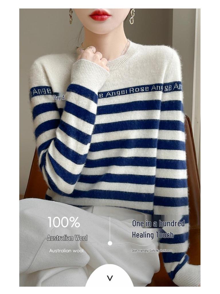 Women's Striped Crew Neck Wool Sweater - Autumn/Winter Loose-Fit Cashmere Knit