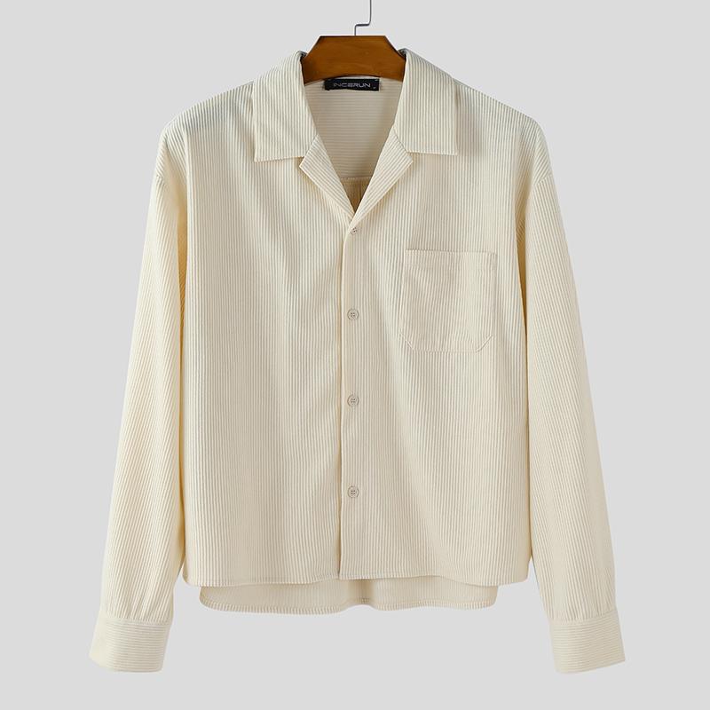 

INCERUN Oversized Men Turn Down Collar Long Sleeve Texture Loose Casual Shirts Tops 5XL