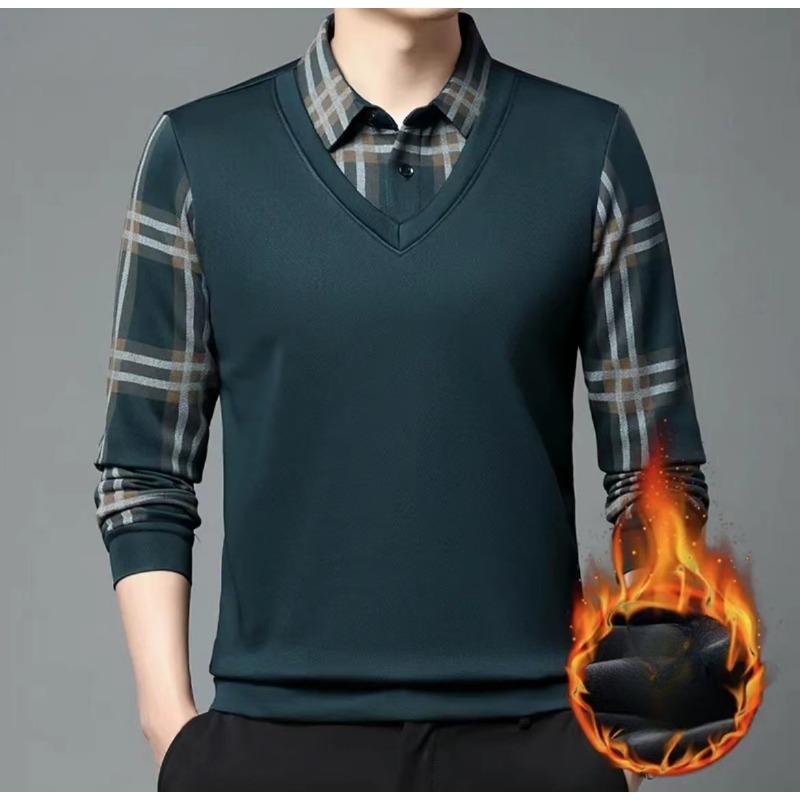 Toamnă și iarnă Îmbrăcăminte caldă pentru bărbați, fără sudură, cămașă falsă din două piese, plus catifea, falsă, din două piese, cămașă casual cu guler pentru tată