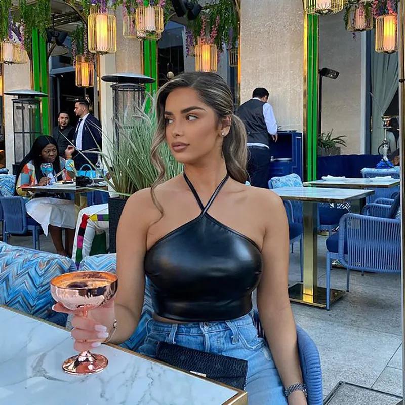 

Сексуальные кроп-топы на бретелях с перекрестной повязкой с открытыми плечами из искусственной кожи ПУ, женская майка, повседневный укороченный жилет без рукавов, камизола, топ-труба L чёрный