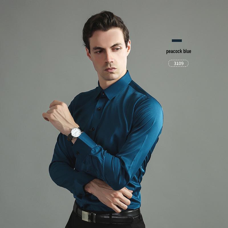 Men's Korean Style Slim Fit Solid Color Iron-Free Stretch Breathable Business Casual Long Sleeve White Shirt.