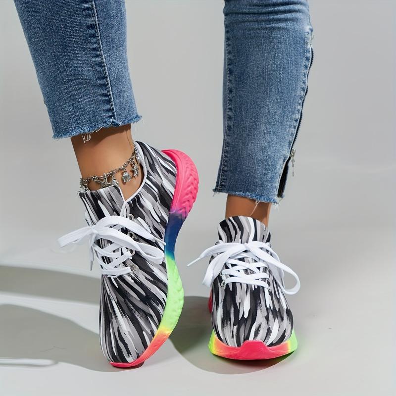 Large Size Sneakers Colorful Striped Lace Up Round Toe Sports Single Shoes Rainbow Bottom Sneakers