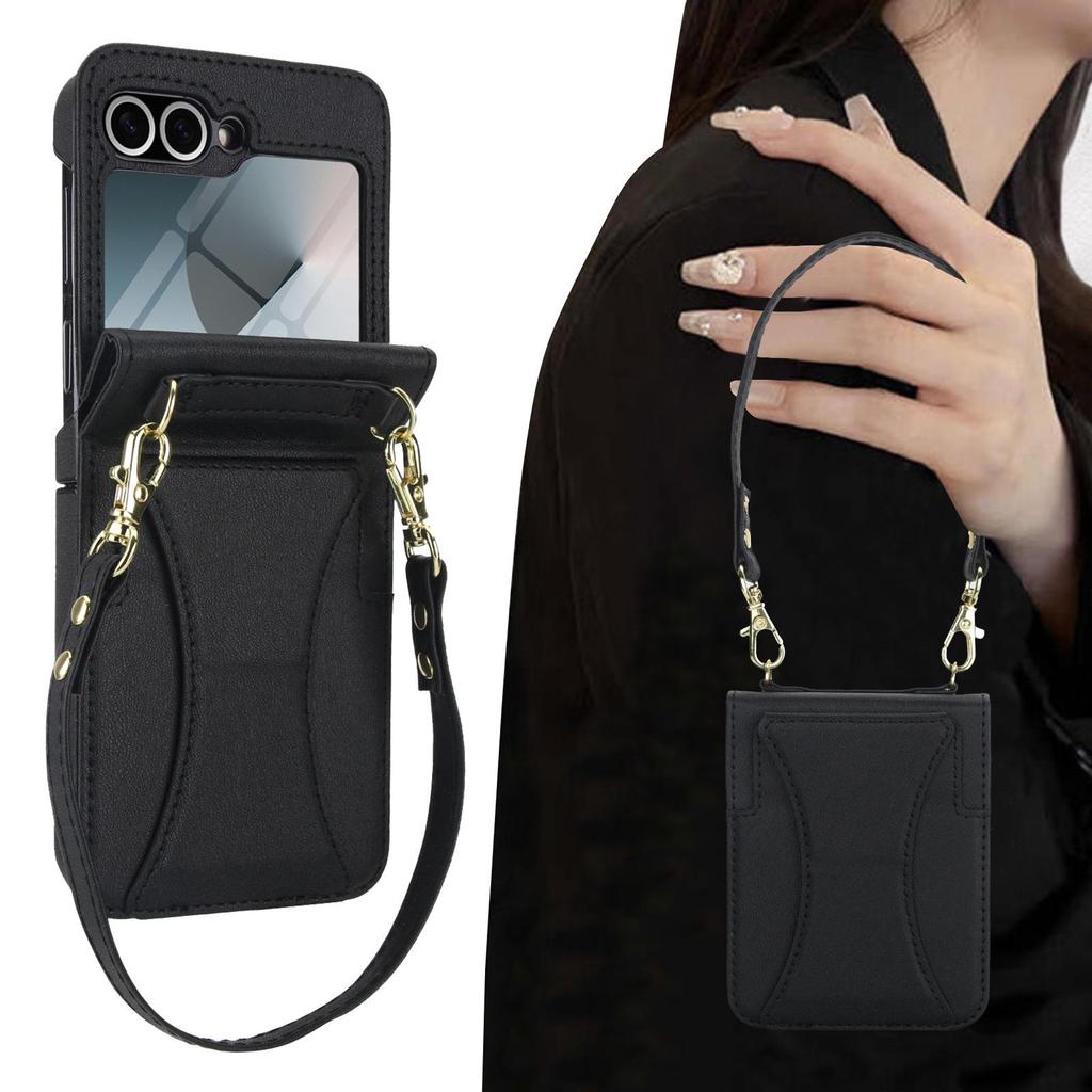 Samsung Flip6/7 Leather Crossbody Phone Case with Card Slot & Tempered Film Protection