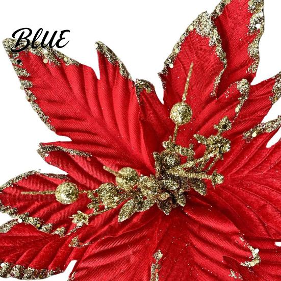 Decorative Christmas Flower Picks Artificial Flowers Handmade Bead Cluster Poinsettia Velvet with Gold