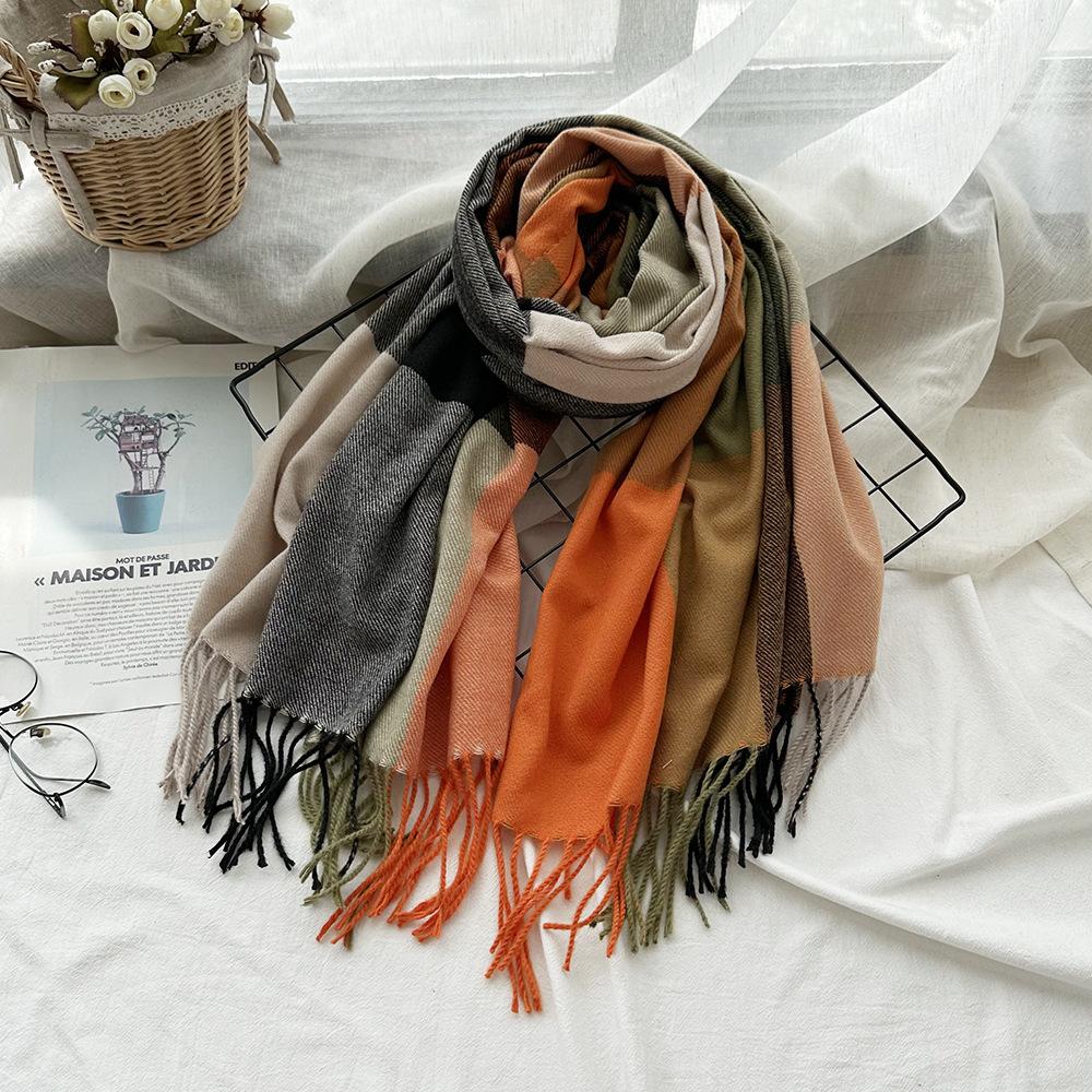 Warm Women's Scarf Winter Imitation Cashmere Color Block Plaid Shawl Long Tassel Fashion Scarf Scarf