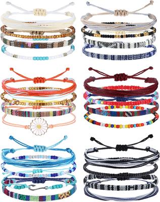 4 of 24 Stuks Waterdichte Koordarmbanden voor Vrouwen Surfer Golf Boho Armband Verstelbare Vriendschapsarmband Koord Strand Enkelbandjes