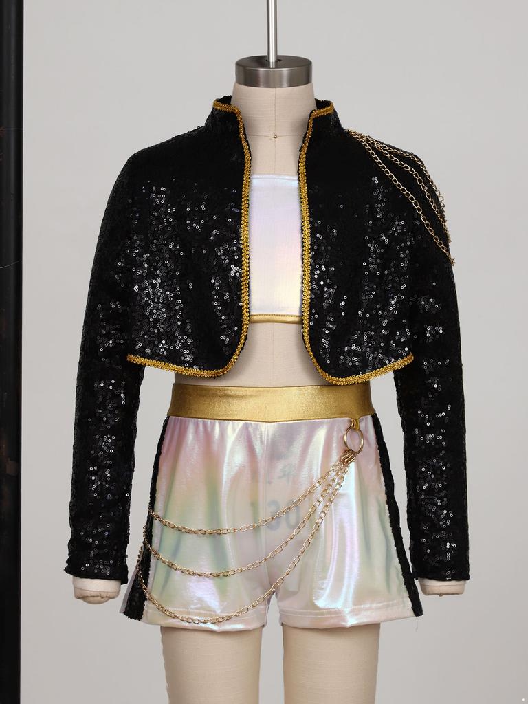 Kids Demon Singer Leader 3 Piece Dance Set Sequins Jacket Crop Top with Shorts Stage Performance Outfit