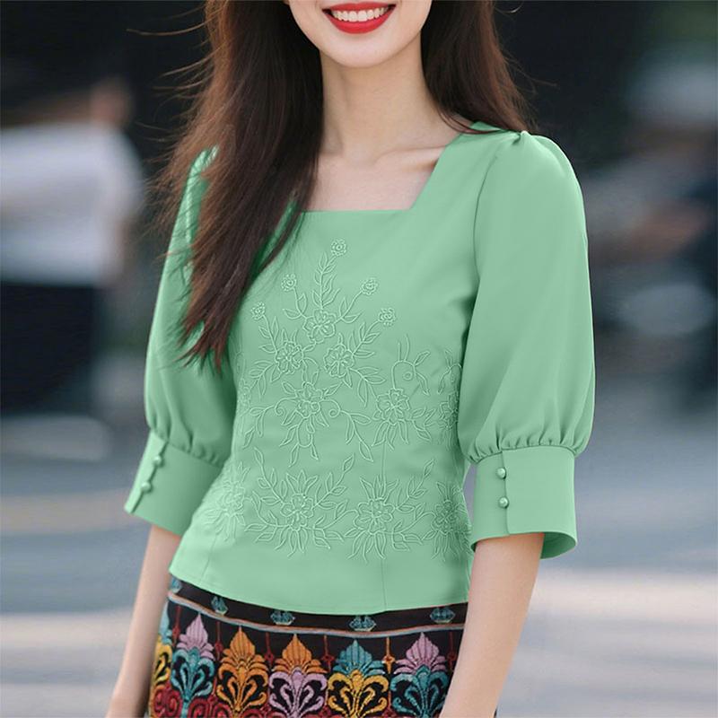 

ZANZEA Women Square Collar Casual 3/4 Sleeve Embroidery Blouse 5XL зелёный