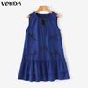 VONDA Summer Women Sleeveless Ruffled Bow Knot Casual Pleated Dress