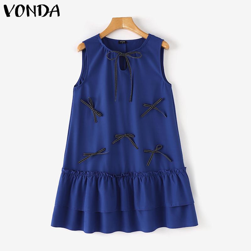 VONDA Summer Women Sleeveless Ruffled Bow Knot Casual Pleated Dress