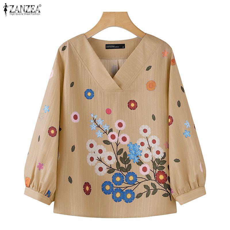 ZANZEA Women Casual V-Neck 3/4 Sleeve Loose Floral Print Blouse