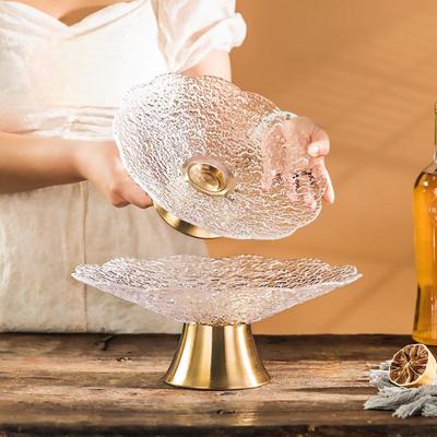 Light Luxury High-legged Glass Fruit Plate, Brass Base Fruit Plate, Storage Ornaments, Ice Pattern Tableware Storage 1PC