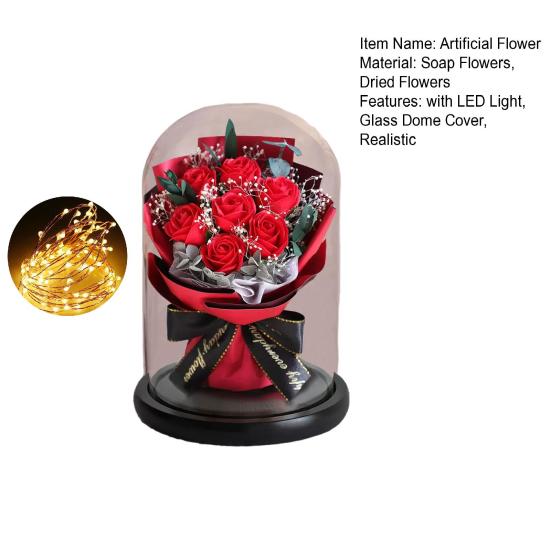 Artificial Rose Bouquet with LED Light Glass Dome Cover Eternal Flower Decoration Women Wife Girlfriend Anniversary Valentine's Day Mother's Day Gift