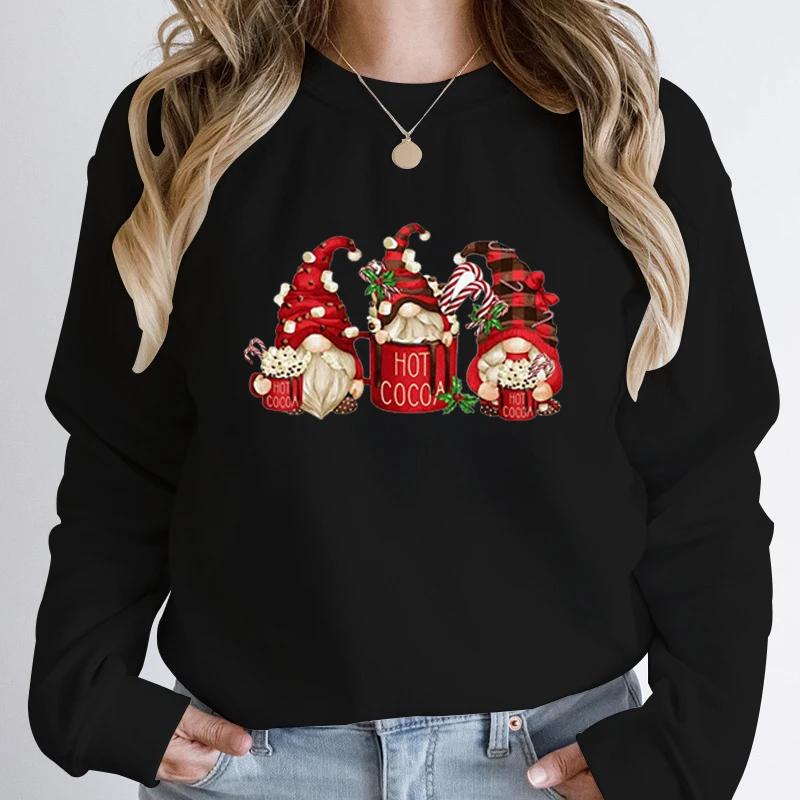 New Christmas Gnomes Hot Cocoa Print Round Neck Sweatshirt Fashion Women Autumn Winter Tops Casual Hoodless Pure Color Pullovers