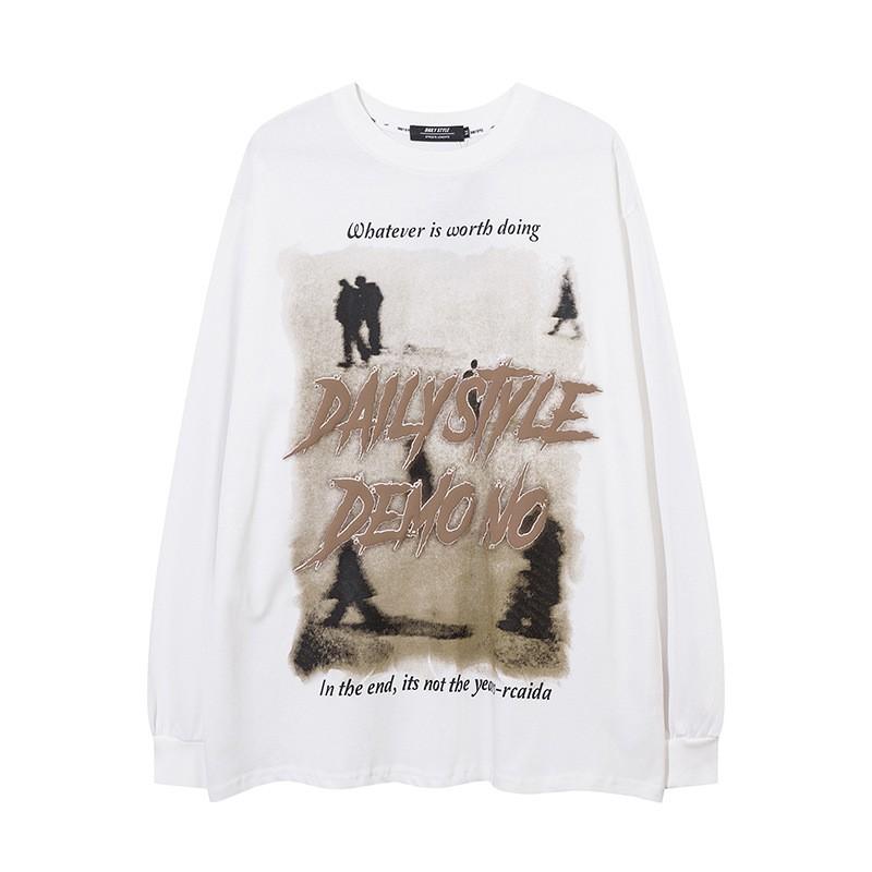 Unisex Oversized Vintage Streetwear Long Sleeve Tee Cotton Graphic Print Loose Fit Casual Top Fall