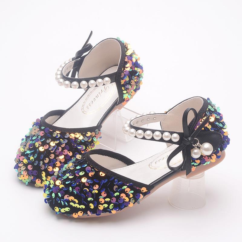 New Spring and Autumn Girls' Princess Shoes Korean Style Baby Girl Bowknot Sequin Closed-Toe Sandals Soft Sole Dance Performance Shoes