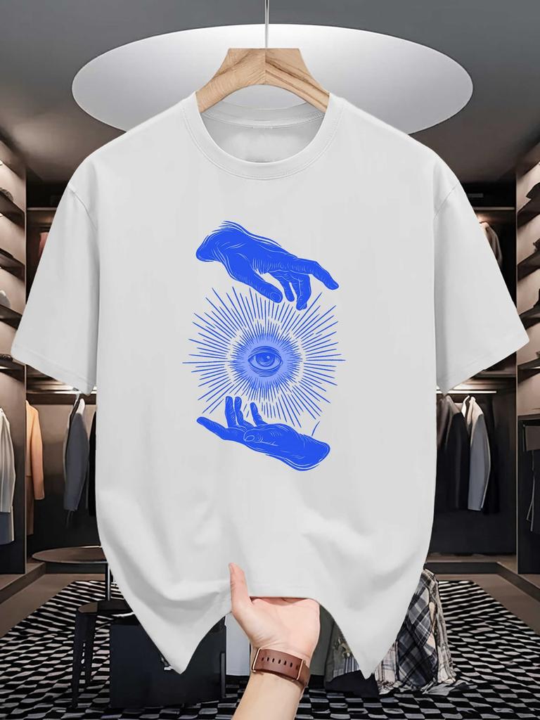 Unisex Crew Neck Tee Mystic Hands All Seeing Eye Retro Art Print Soft Cotton Loose Short Sleeve Summer Casual Male Streetwear Tops