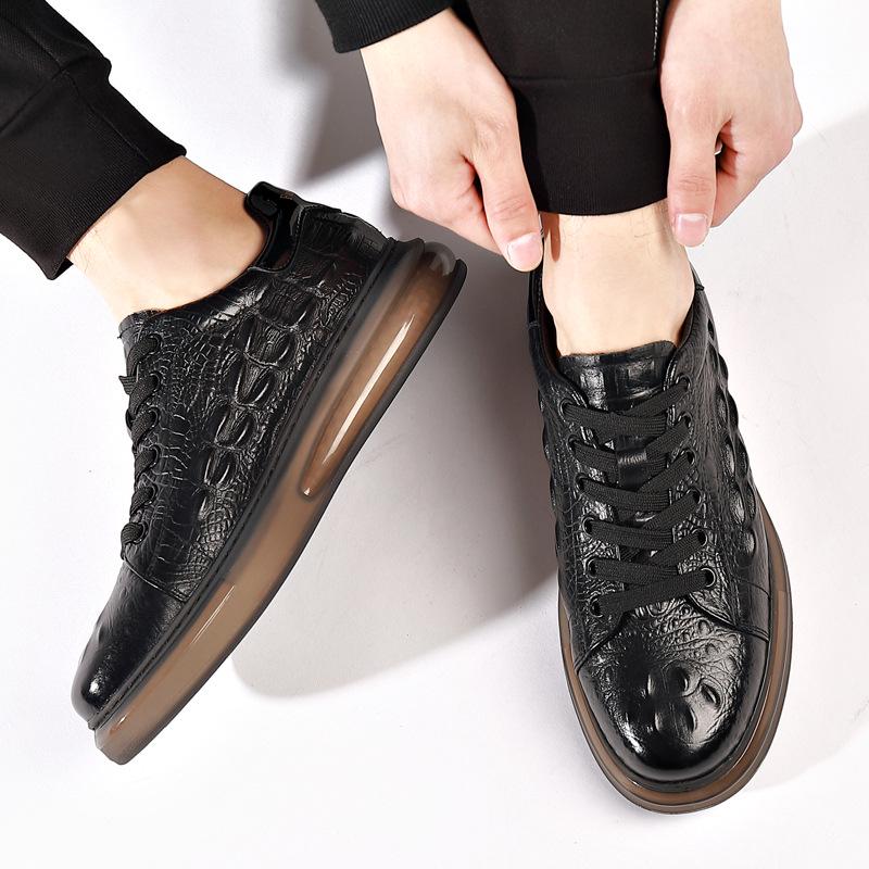 European Men's White Lace-up Shoes: Embossed Cowhide Crocodile Pattern, Comfortable, Versatile Thick Sole, Trendy Casual Design.