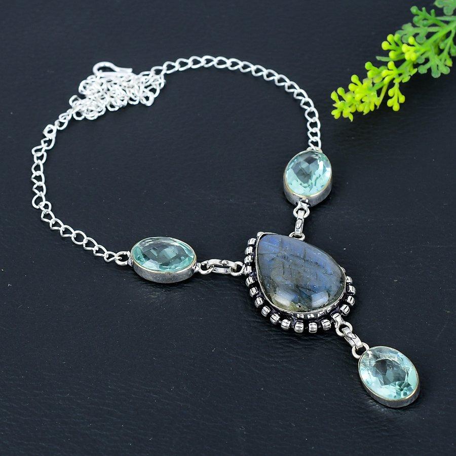 Natürlicher Labradorit, Apatit, handgefertigte Halskette aus 925er Sterlingsilber, 45,7 cm, a2l48