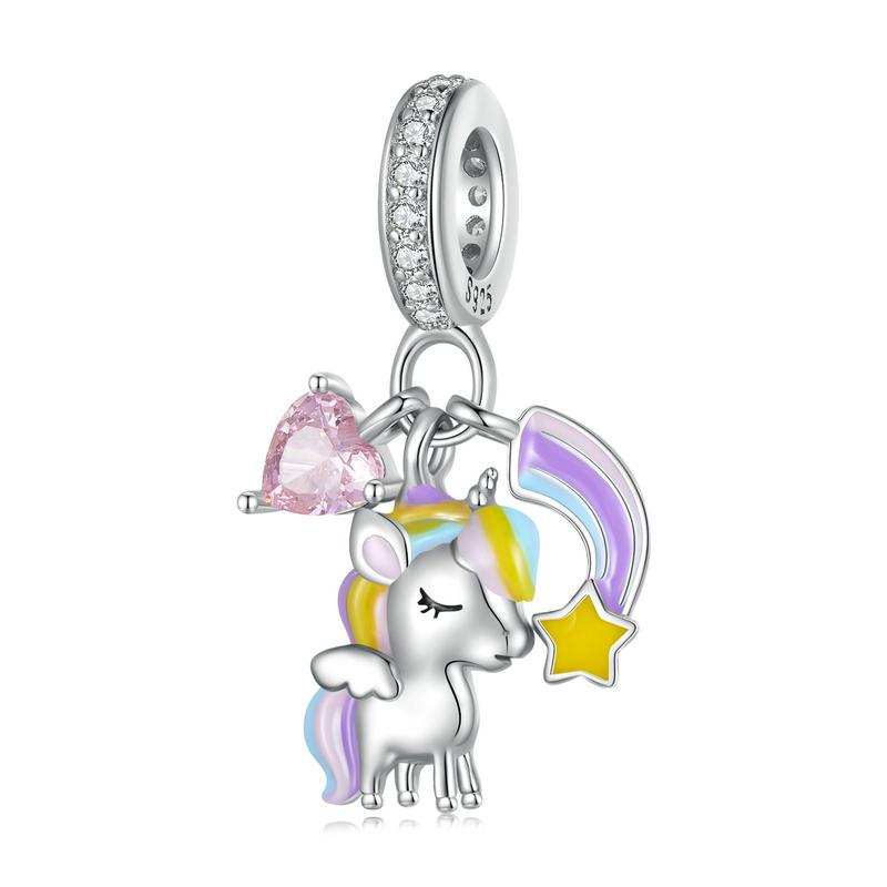 Bamoer 925 Silver Rainbow Unicorn Bead Crystal Heart Cat bee Butterfly Dolphin Charms Fit Bracelet DIY Necklace Jewelry