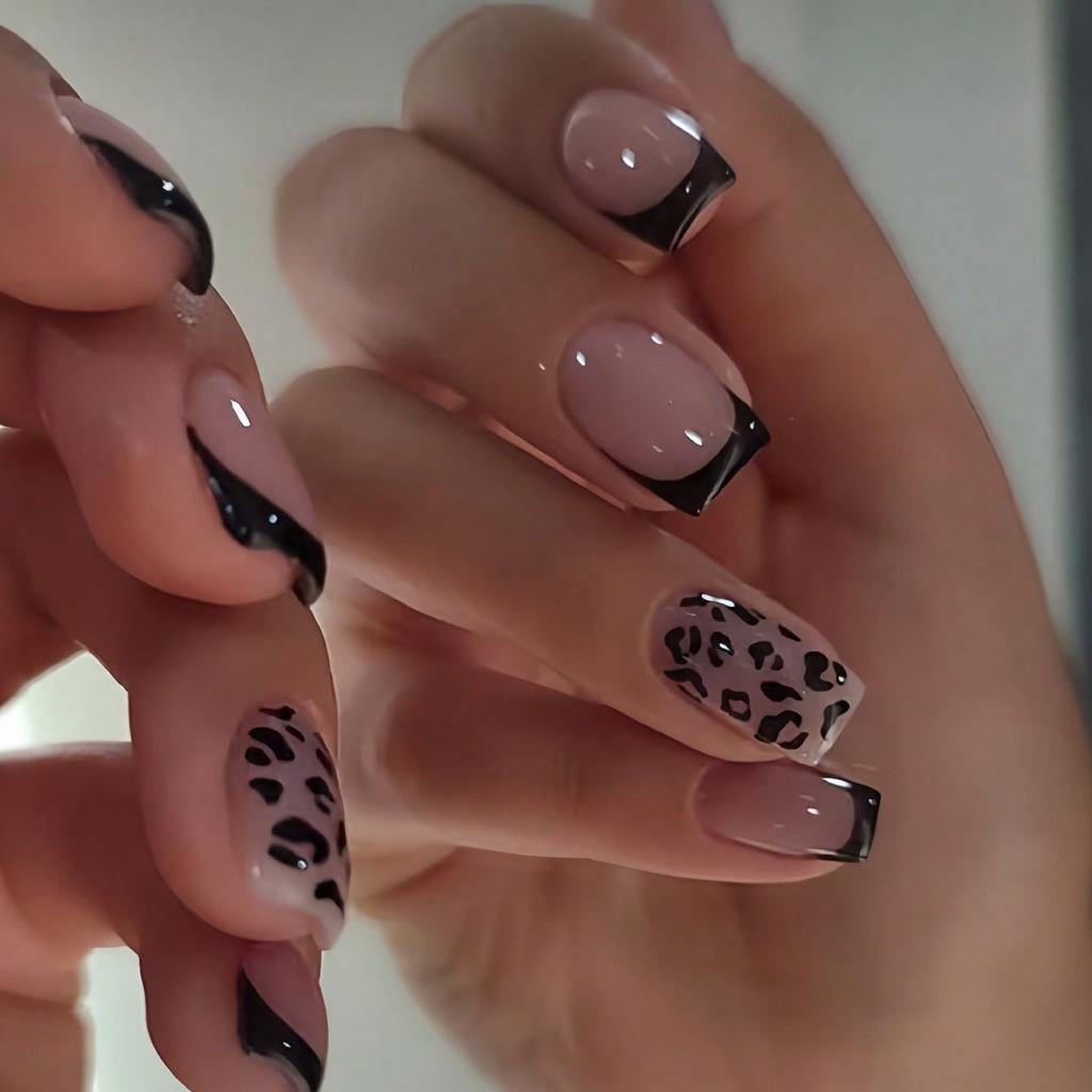 24PCS Simple Leopard Print French Design Stick On Nails Full Cover Glossy Black Medium Square Fake Nails for Women Wearable Nail