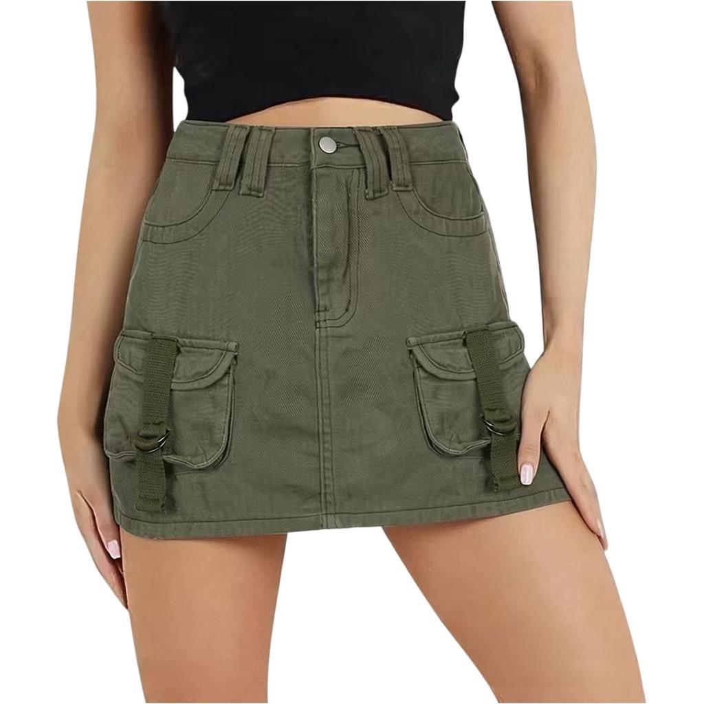 Women Casual Low Waist Slim Fit Mini Skirt with Utility Pockets Belt Loops and Front Button Closure Suitable for Daily Wear