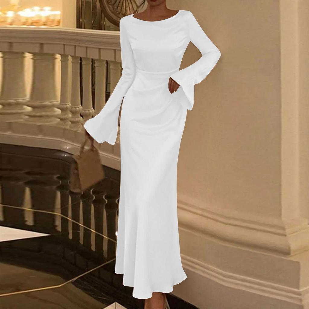 Women's Spring And Round Neck Long Sleeve Fishtail Dress Color Daily Slim Dresses
