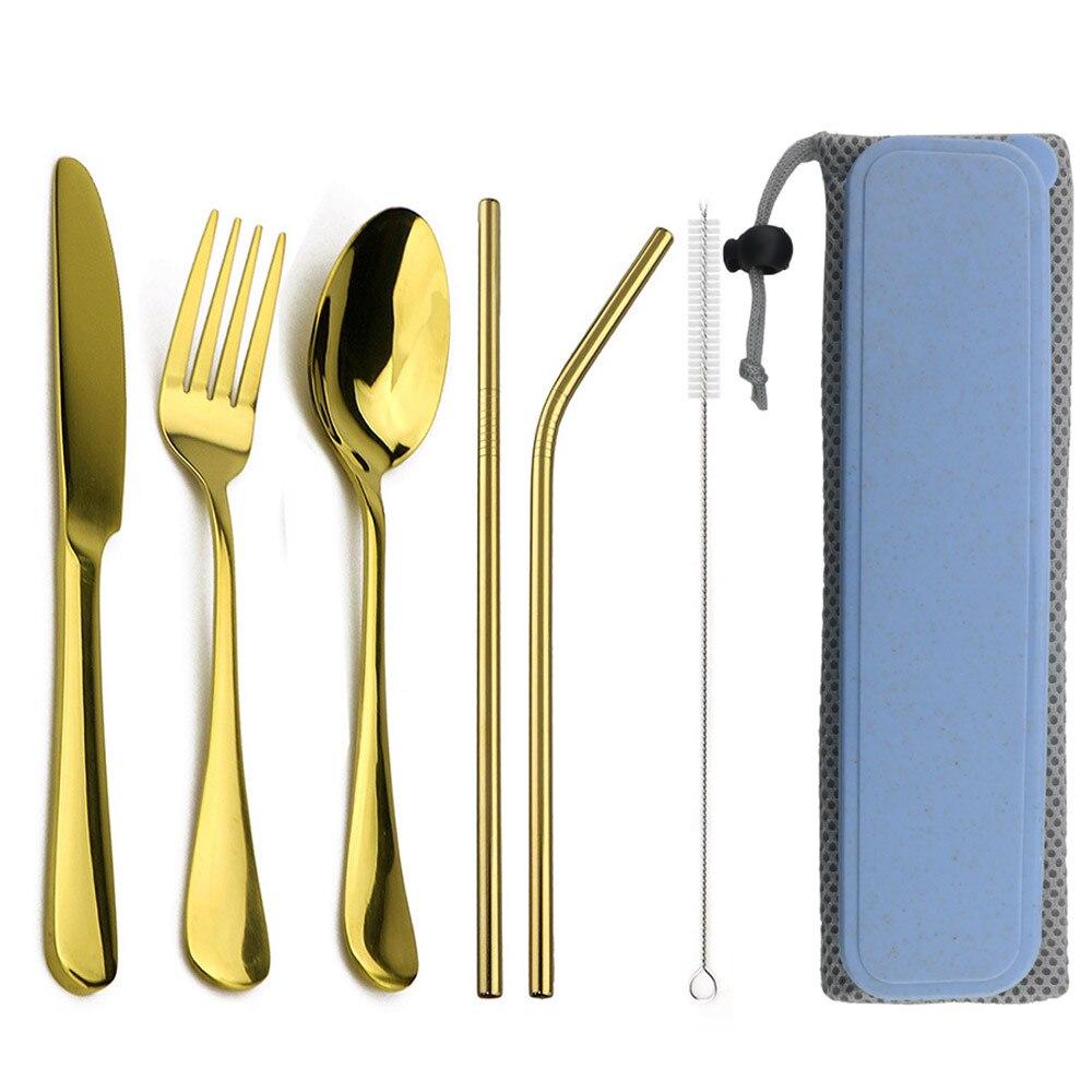 Light Portable 8 Pieces Flatware Set Stainless Steel Cutlery Set Knife Fork Spoon Juice Straws Clean Brush With Travel Bag