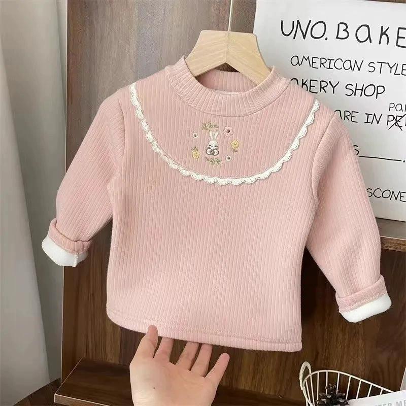 Winter Girls Warm Pullover 2-8 Years Old Children Plush Half High Collar Top Girl Embroidered Knitted T-shirt
