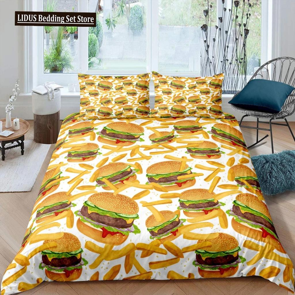 Amerikanisches Fast Food Bettbezug Set Doppelgröße Pizza Hotdog Bettdeckenbezug Hamburger Print Bettwäsche Set Pommes Quiltbezug