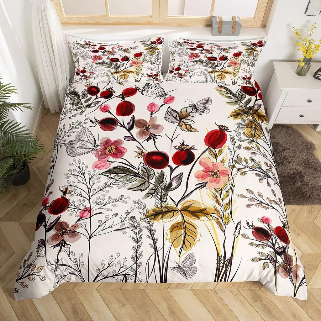 Lovely Bird Duvet Cover Set King Size Spring Floral Butterfly Bedding Set Microfiber Watercolor Garden Flower Comforter Cover