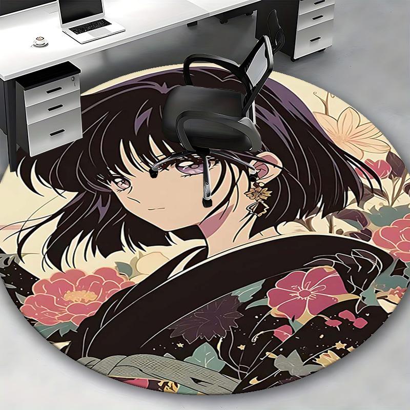 1pc Anime Design Round Carpet Floral Kimono Pattern Chair Mat for Office, Home Decor, Living Room, Bedroom