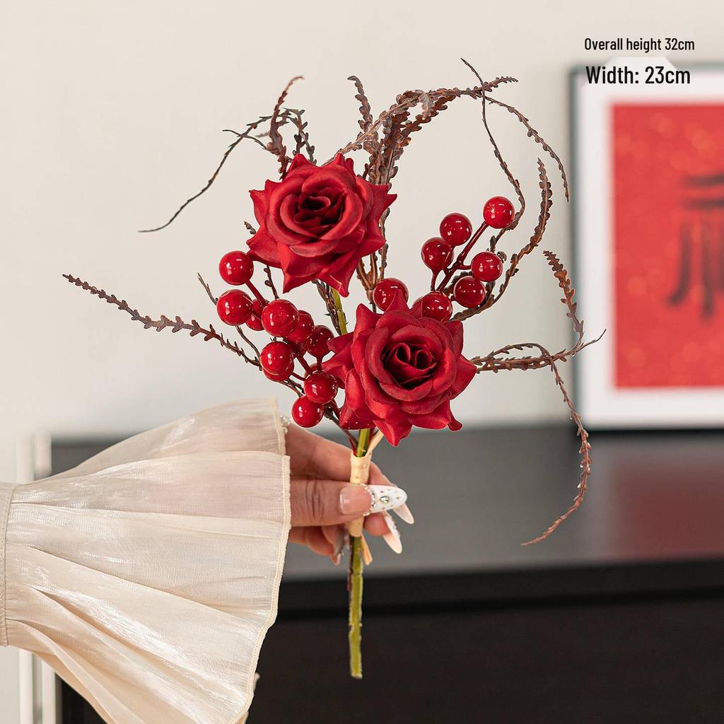 Spring Festival Red Fruit Faux Flower Arrangement for New Year, Wedding, Living Room, or Dining Table Décor